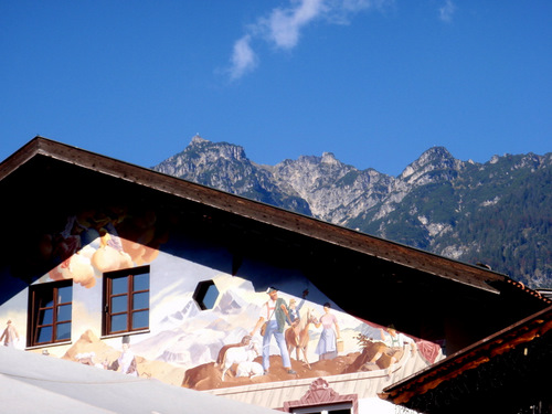 View of the German Alps and hotel mural.